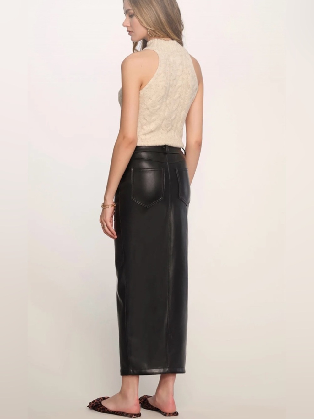 Heartlook Marissa Black Button-Front Faux Leather Midi Skirt - Picture 2 of 9